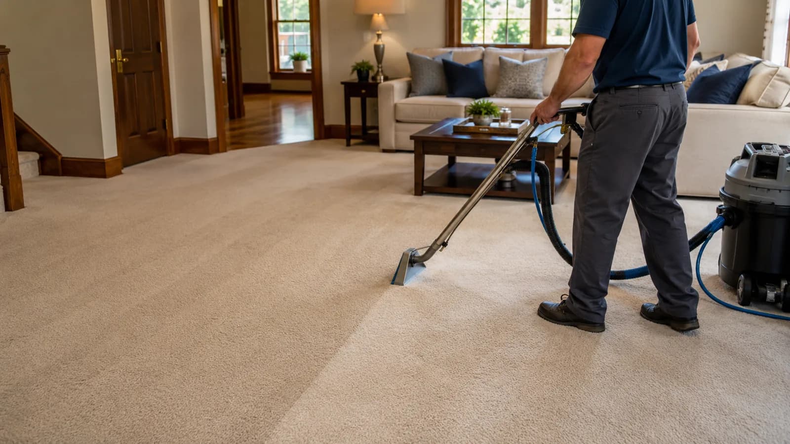 Freshly cleaned living room carpet drying in a Cranston, Rhode Island home after professional hot-water extraction
