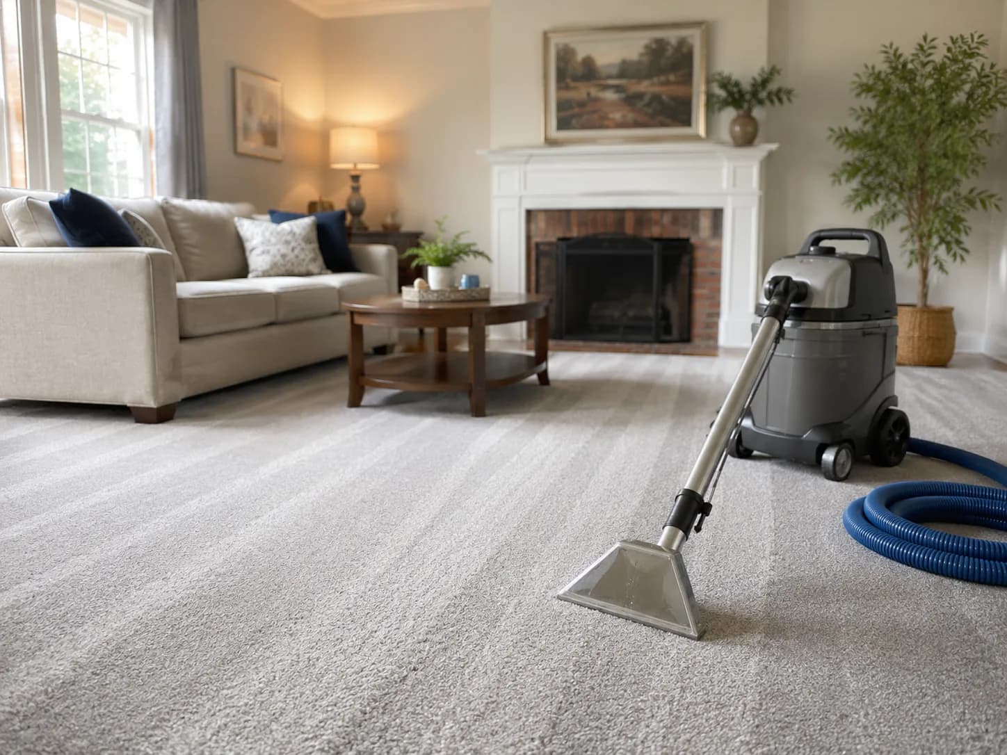Professional carpet cleaner deep-cleaning a living room carpet with a hot-water-extraction wand in a Cranston, Rhode Island home